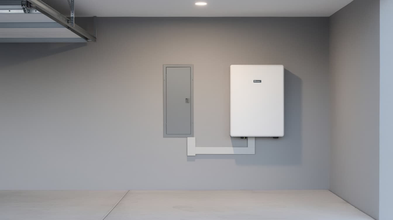 Modern home battery storage unit wall-mounted in a garage next to an electrical panel
