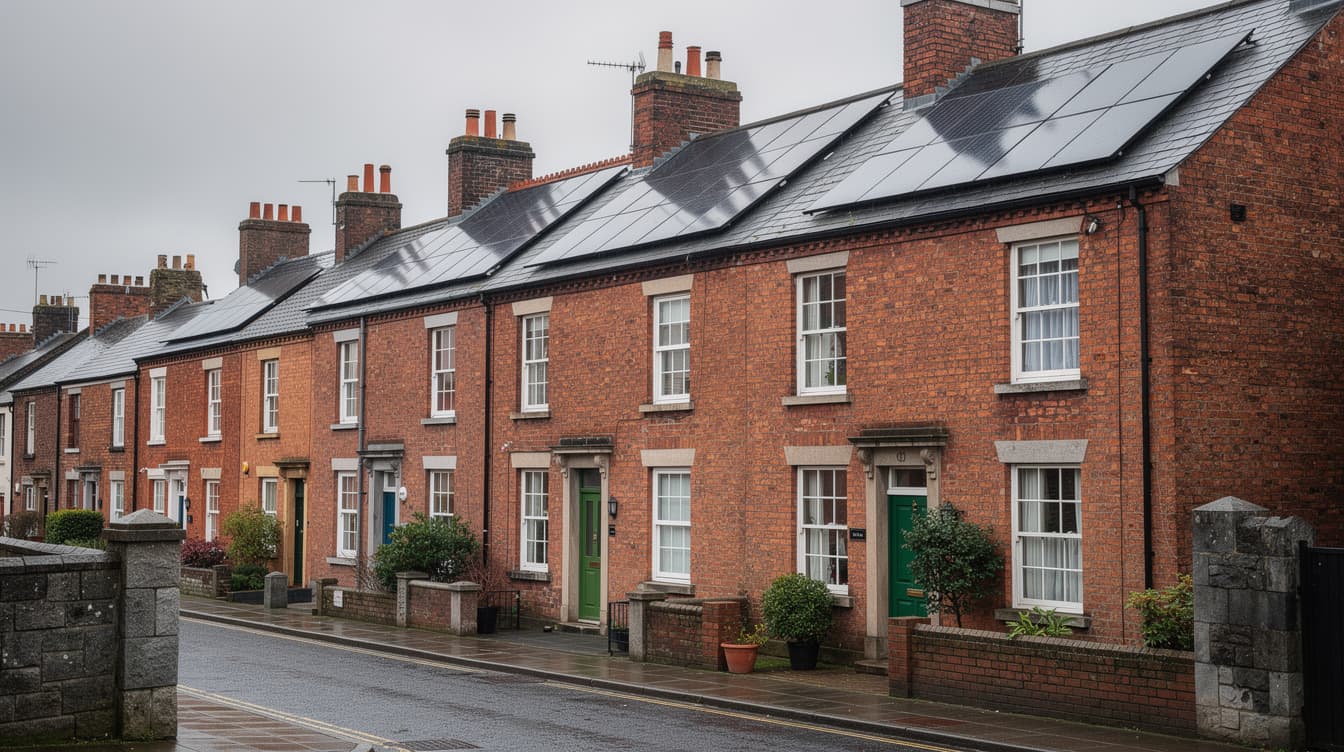 Row of red-brick terraced houses in Dublin with solar panels installed on slate roofs