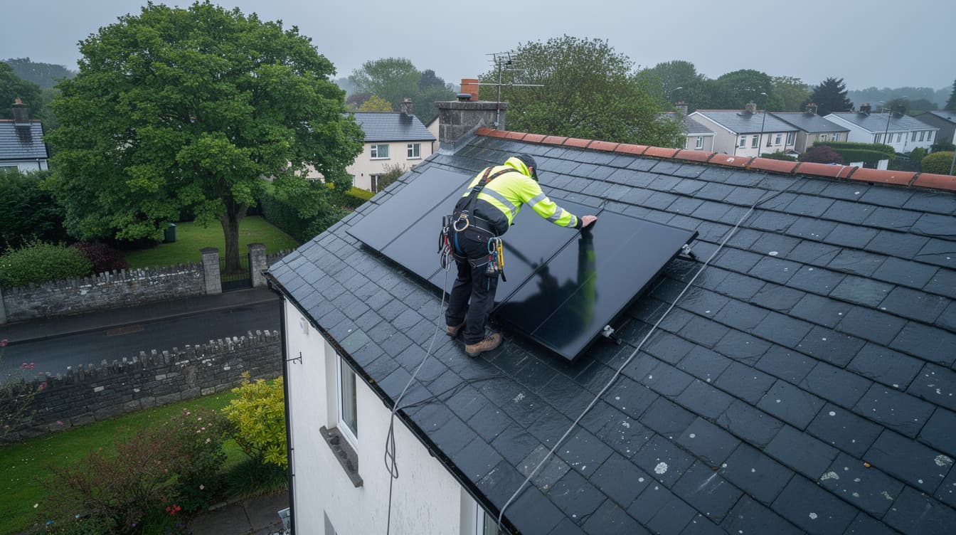 Solar installer in hi-vis jacket fitting a black solar panel onto a slate roof of an Irish suburban home, aerial view