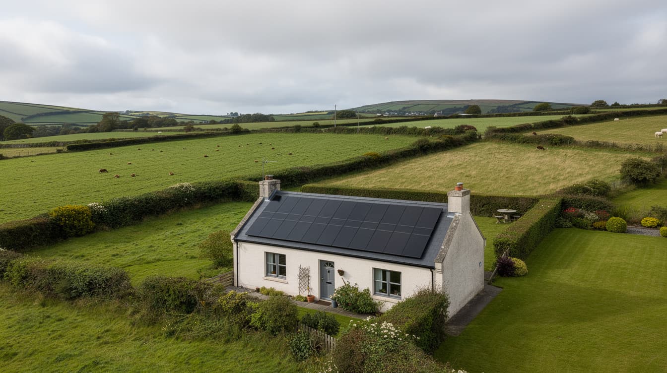Detached Irish rural cottage with full south-facing roof of modern dark monocrystalline solar panels and green countryside backdrop under cloudy sky