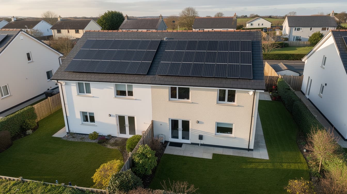 Aerial drone view of a modern Irish home with a full-roof solar PV array installed on slate roof tiles