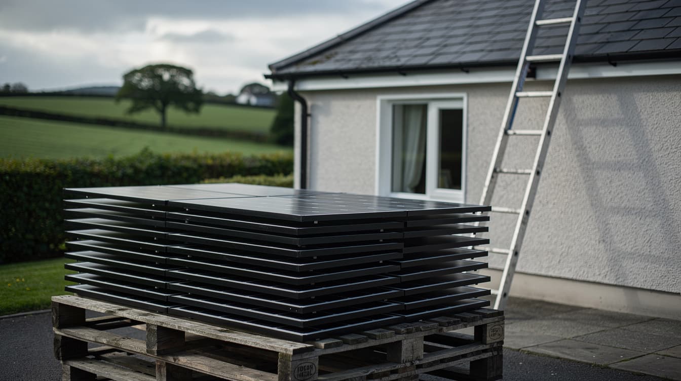 Solar installer fitting panels on an Irish suburban home with annotated cost breakdown
