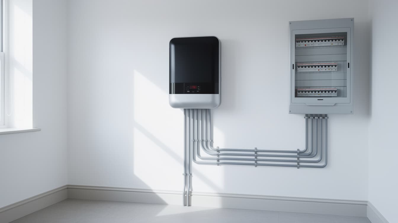 Hybrid solar inverter mounted on a utility room wall next to electrical consumer unit in an Irish home
