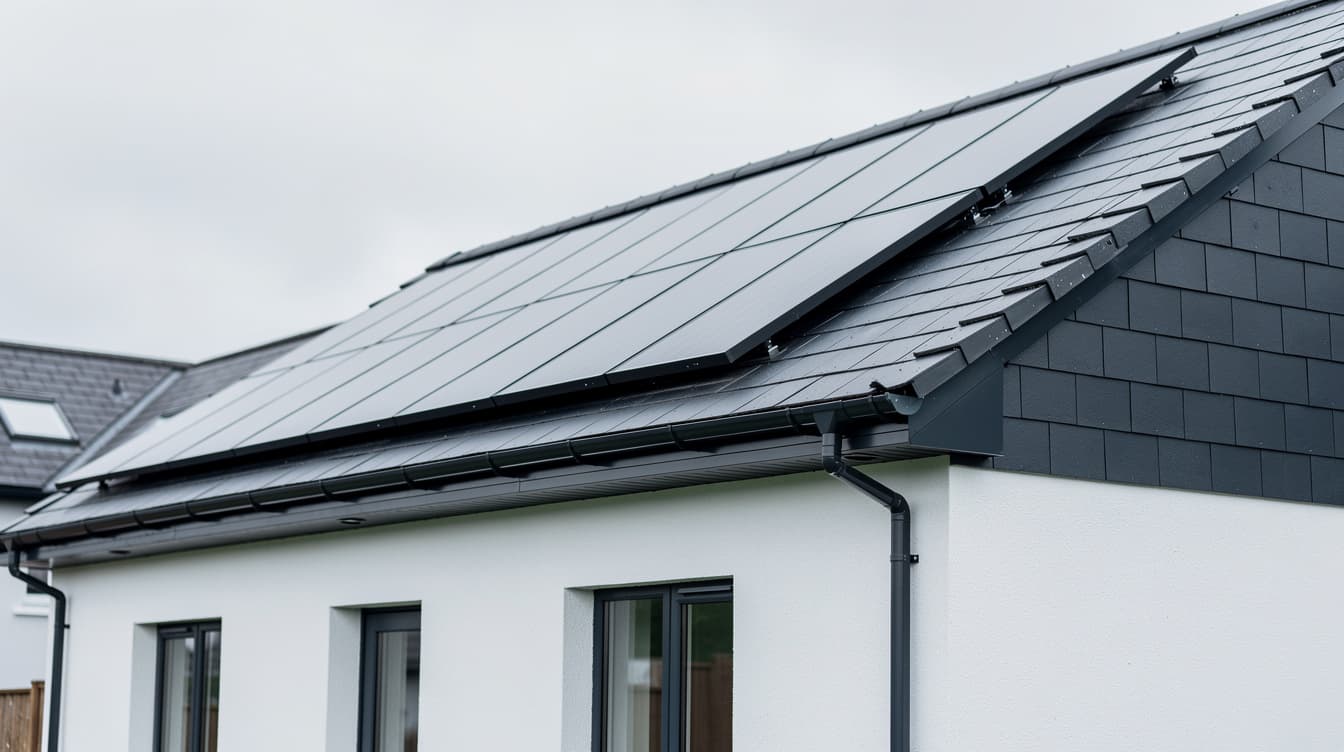 Close-up of a modern Irish home with a dark integrated solar roof, panels flush with the slate roof line, under soft overcast daylight