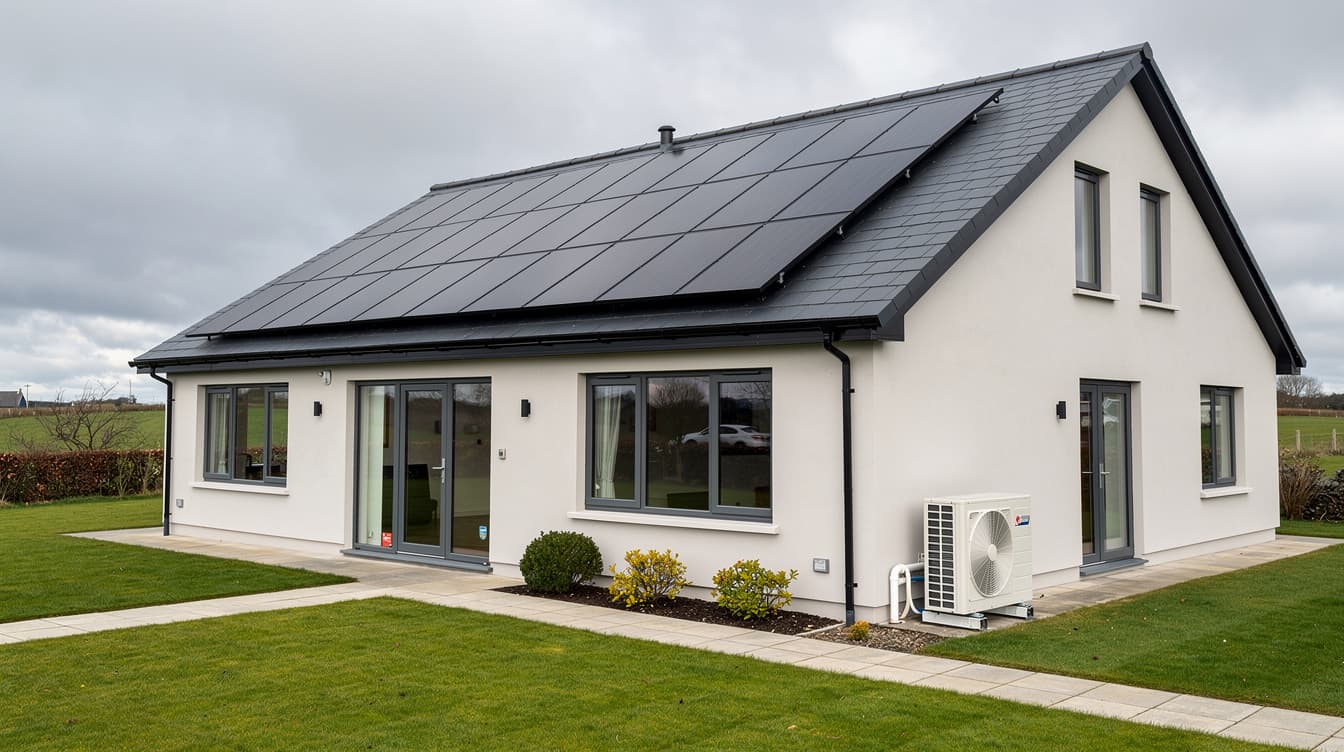 Modern Irish home with a large rooftop solar array and outdoor heat pump — typical of a 10kW household