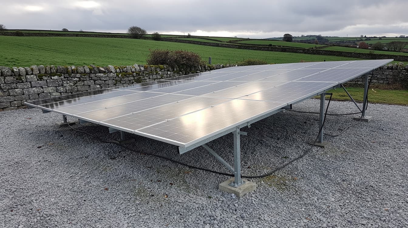Ground-mounted bifacial solar array on gravel in an Irish farm setting