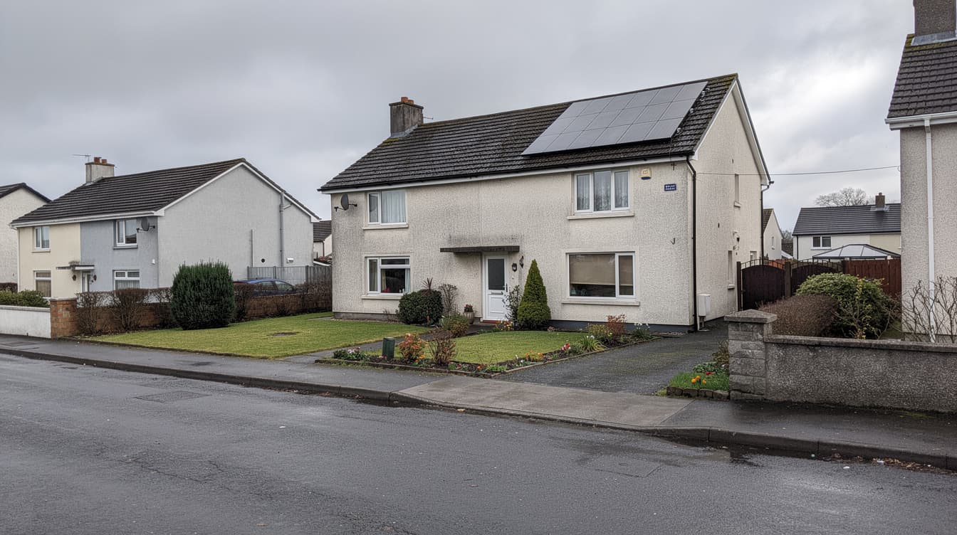 Modest Irish semi-detached house with small array of budget solar panels on slate roof