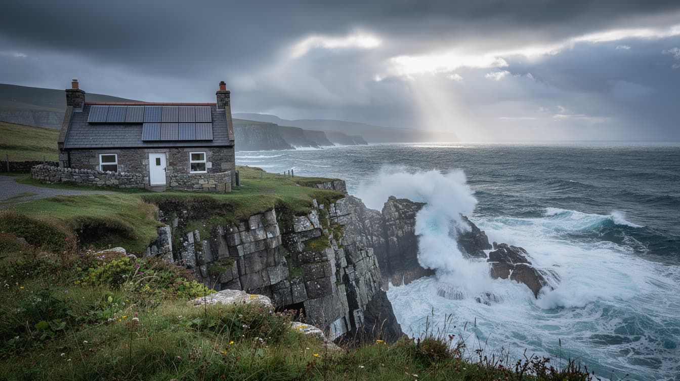 Irish coastal cottage with solar panels on the slate roof and Atlantic waves crashing against cliffs below