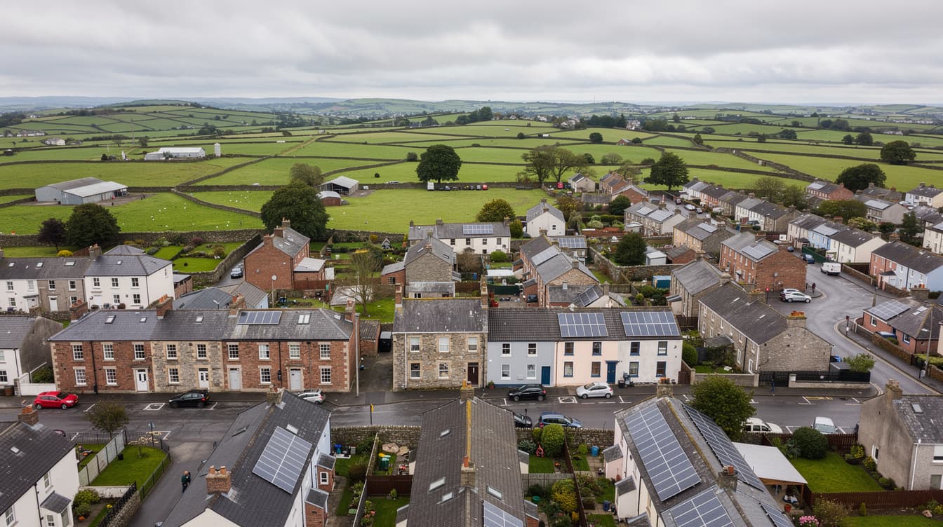 Aerial view of Longford town in the Irish midlands with green farmland and mix of houses with solar panels on rooftops