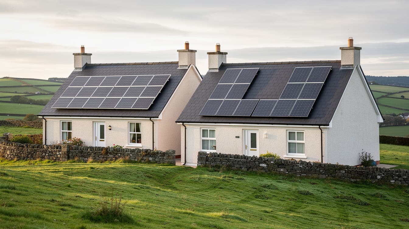 Two Irish semi-detached homes side by side, one with south-facing solar panels, the other with an east-west split array