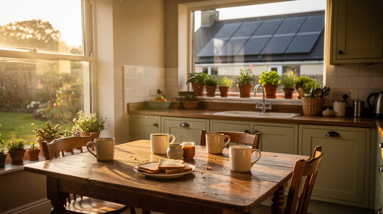 Warm Irish family kitchen at breakfast with morning sun streaming through the window and solar panels visible on a neighbouring roof