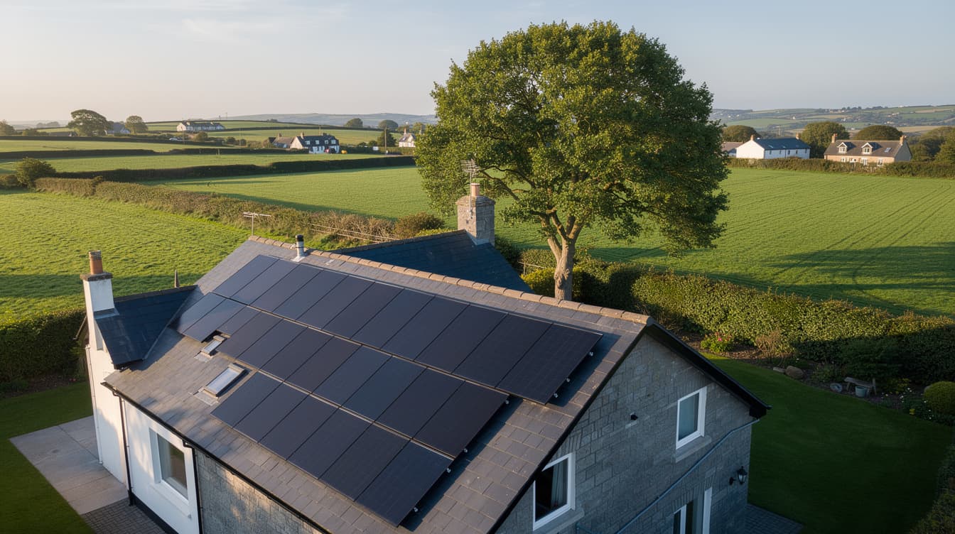 Aerial view of an Irish suburban home with solar panels on a slate roof and a mature tree casting partial shadow across the panel array