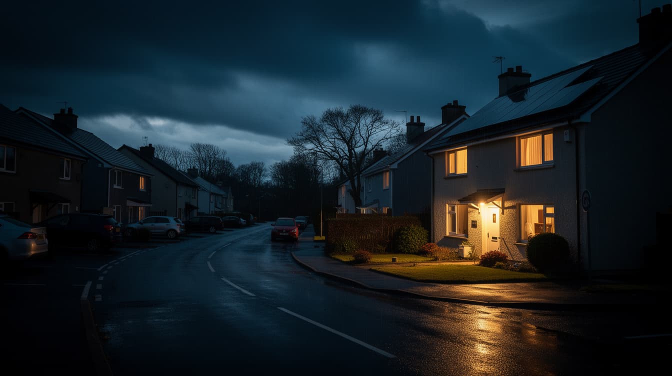 One Irish house on a suburban street lit up during a stormy nighttime power cut