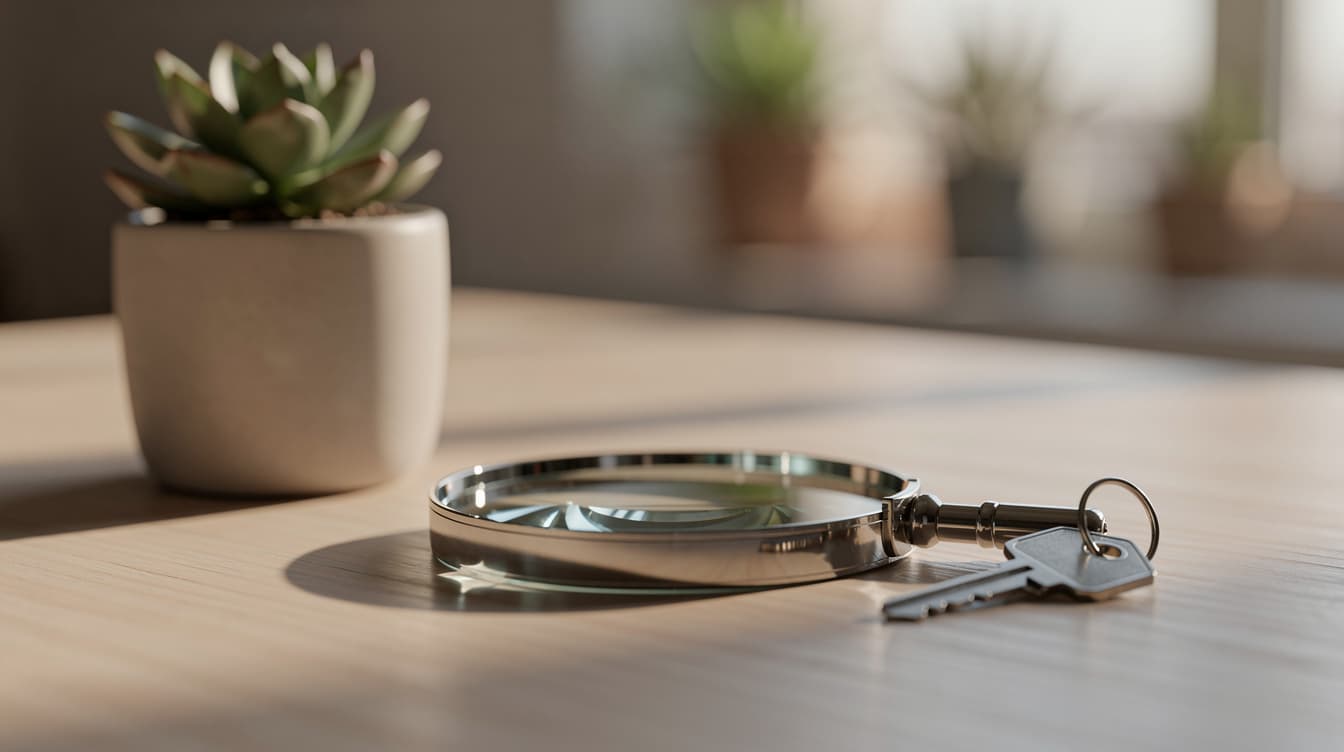 Magnifying glass, house key, and small plant on a wooden table — symbolising careful review of a solar contract