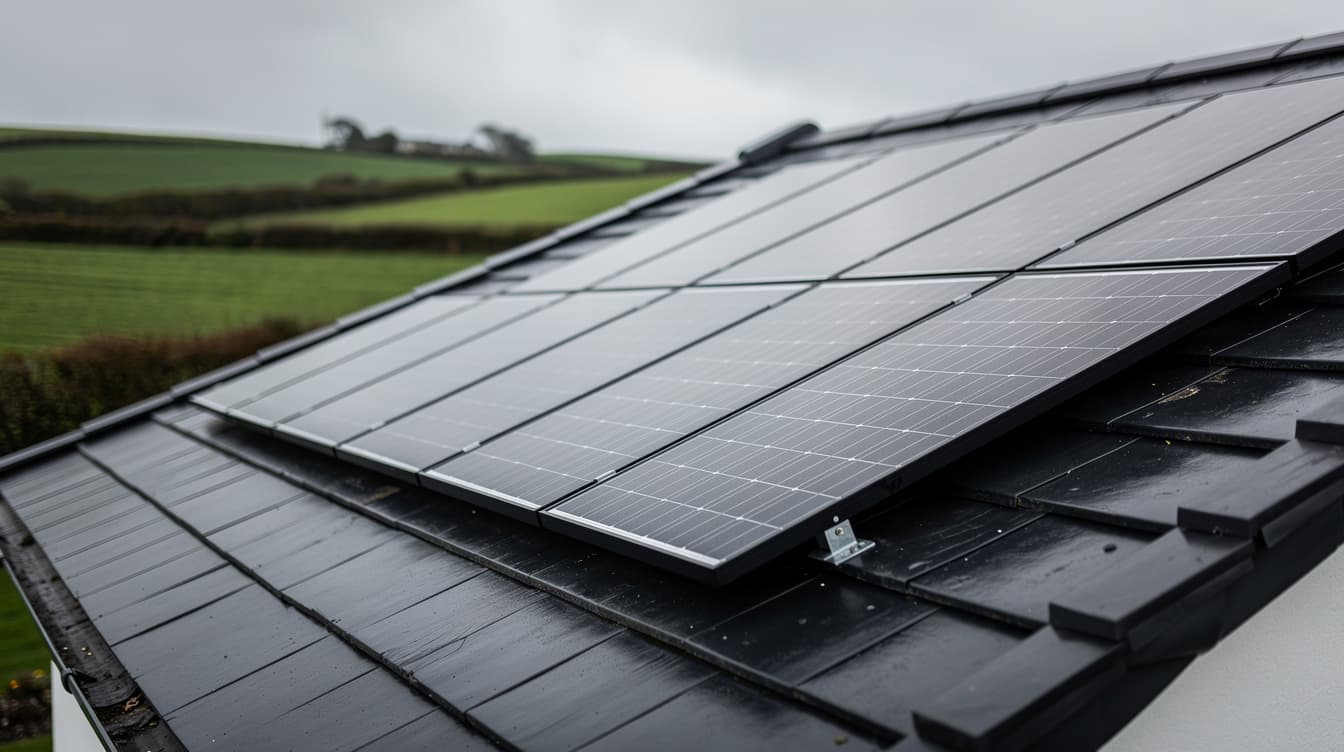 Close-up of sleek black monocrystalline solar panels on an Irish country home roof