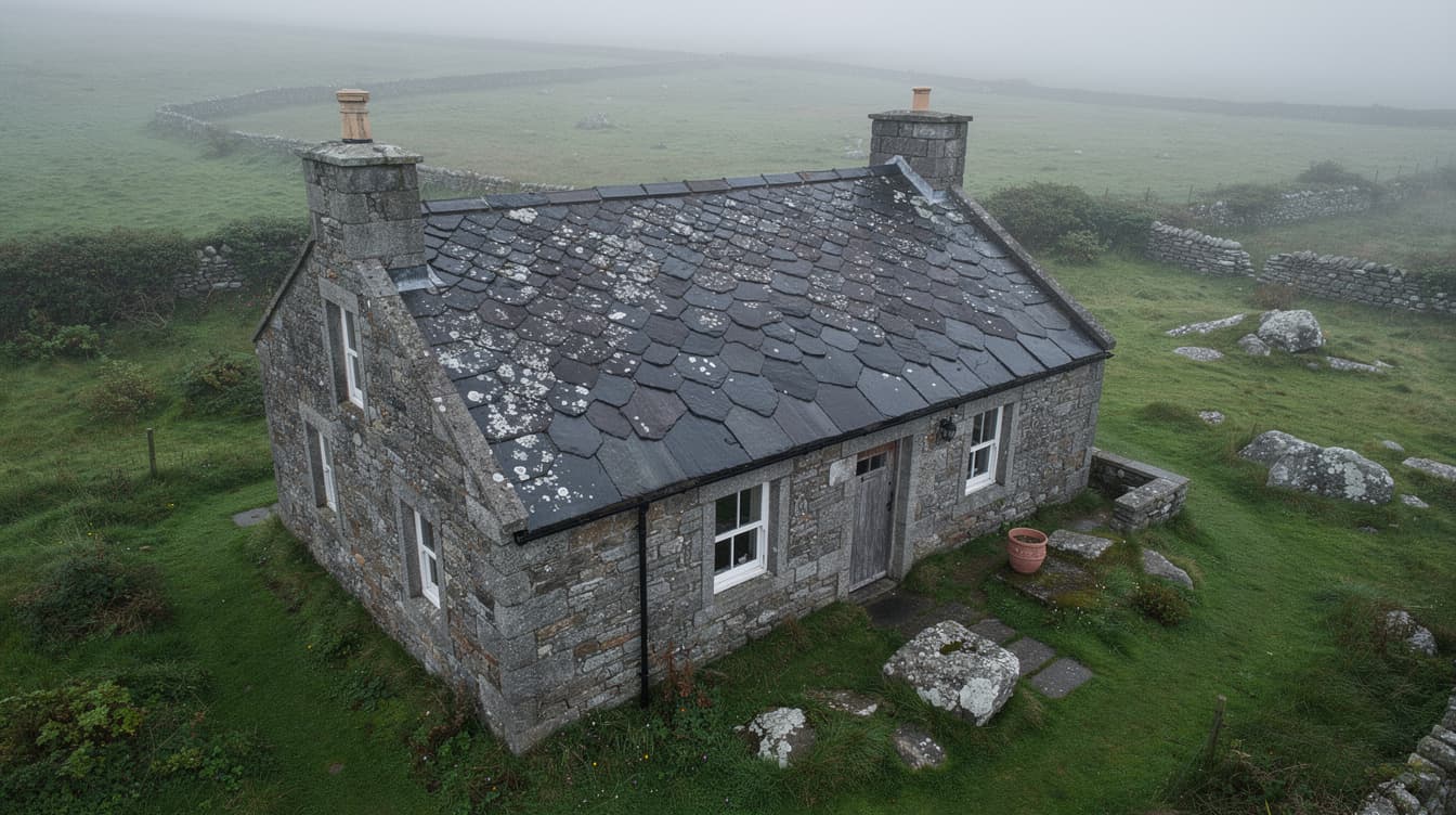 Traditional Irish stone cottage with dark natural slate roof and misty countryside — solar-ready or not?