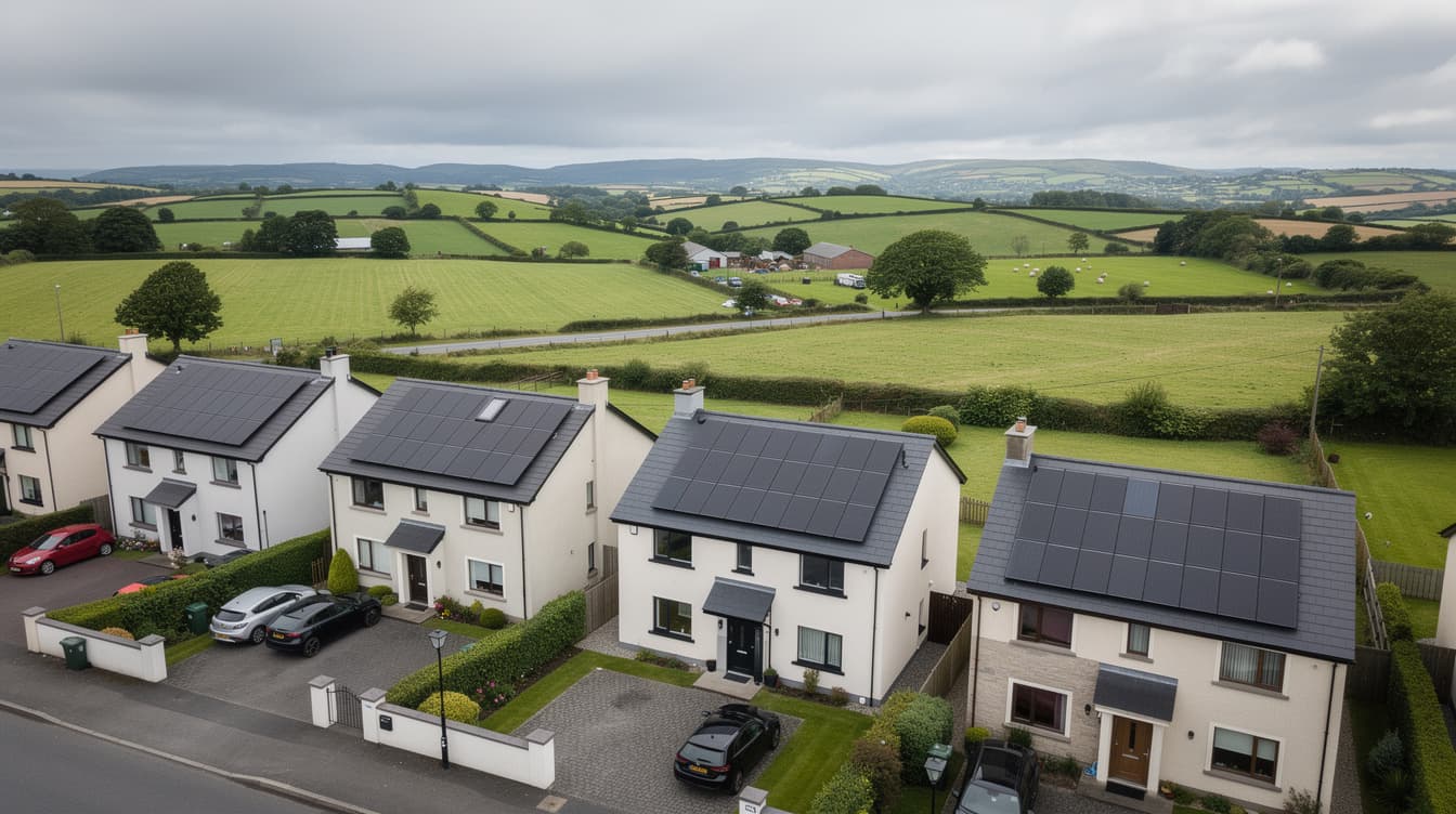 Aerial view of Irish semi-detached houses with rooftop solar panels