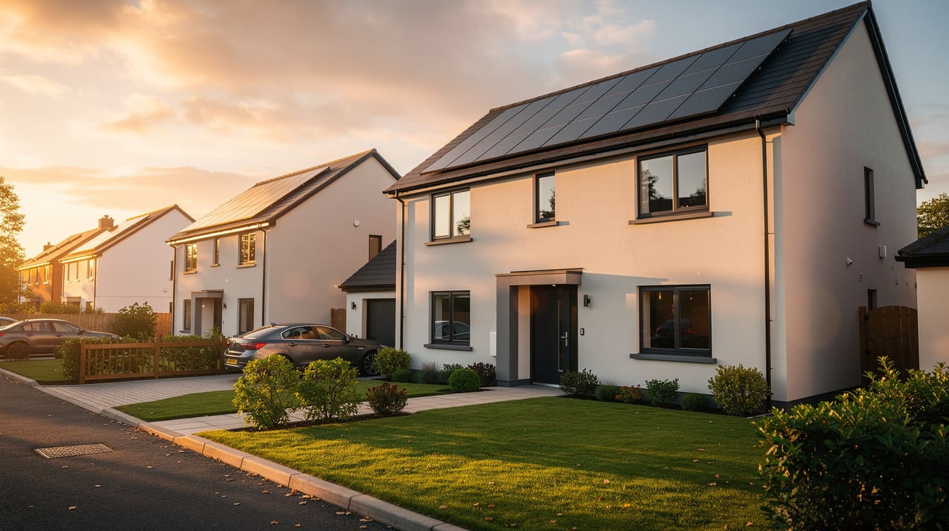 Modern Irish semi-detached houses at golden hour with dark solar panels on the roofs and warm sunset light over a quiet Dublin street