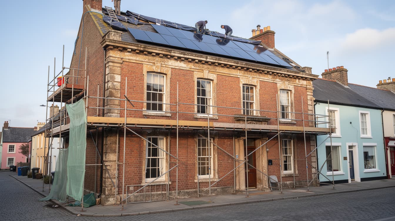 Vacant Irish period townhouse mid-refurbishment with scaffolding and solar panels being installed on the roof