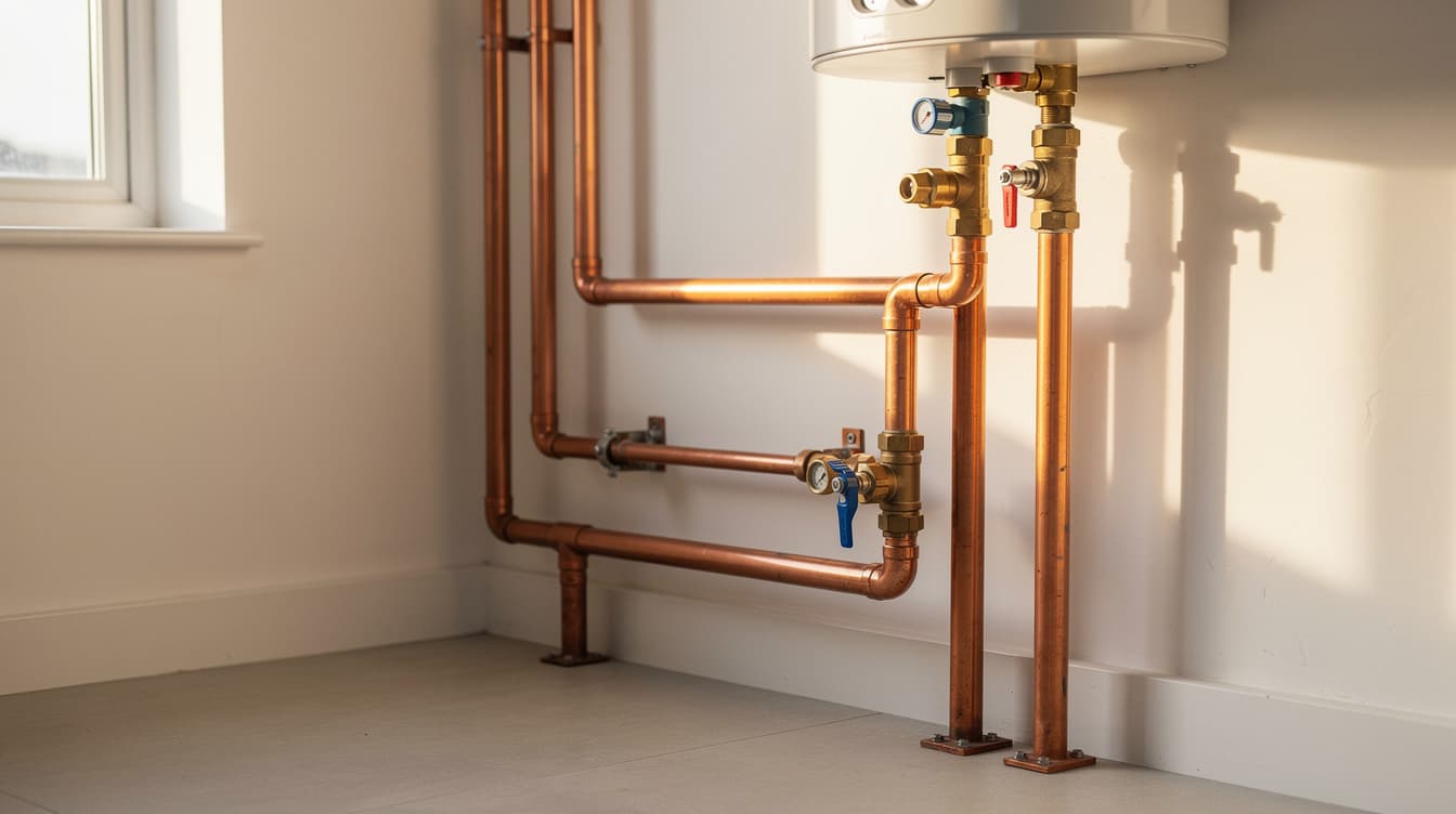 Copper pipework connected to a hot water cylinder in an Irish home utility room