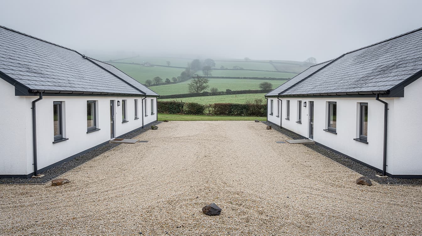 Modern self-catering cottages arranged as contractor accommodation in rural Ireland