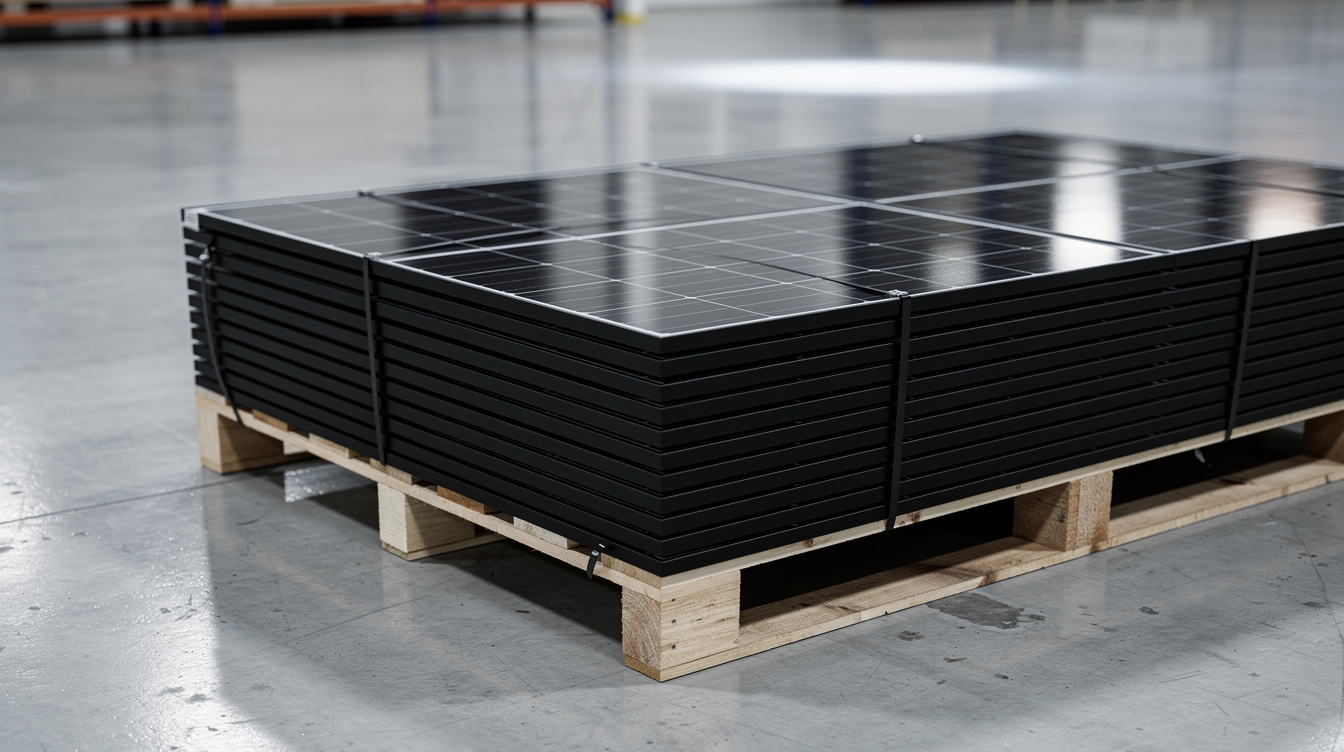 Stack of black solar panels on a pallet, ready for installation