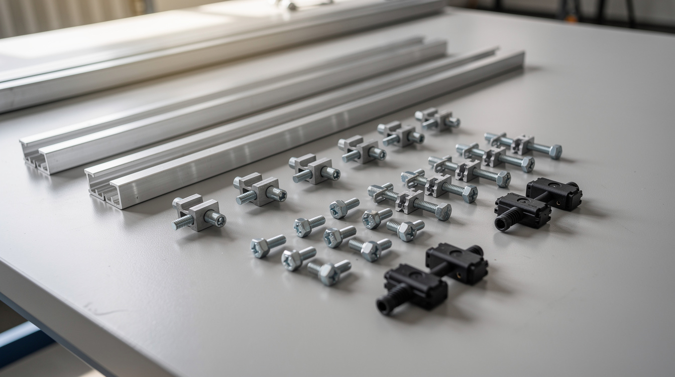 Solar panel installation hardware components arranged on a workshop bench