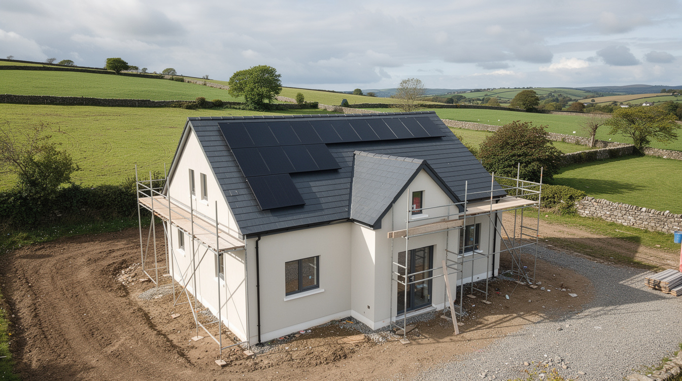 Aerial view of an Irish new-build house with a half-finished slate roof showing flush in-roof solar panels integrated with the tiles, scaffolding around the property and green countryside beyond