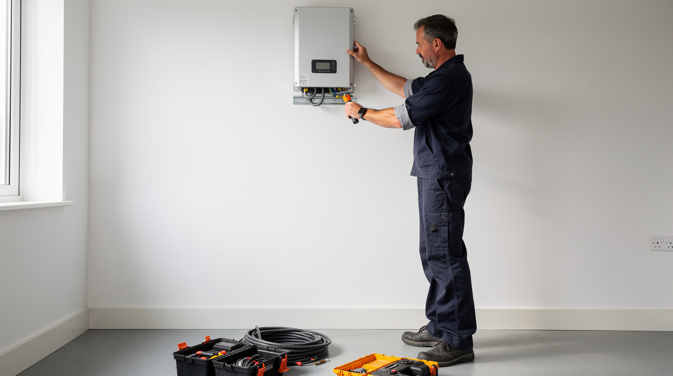 Solar installer mounting a hybrid inverter to a utility room wall in an Irish home
