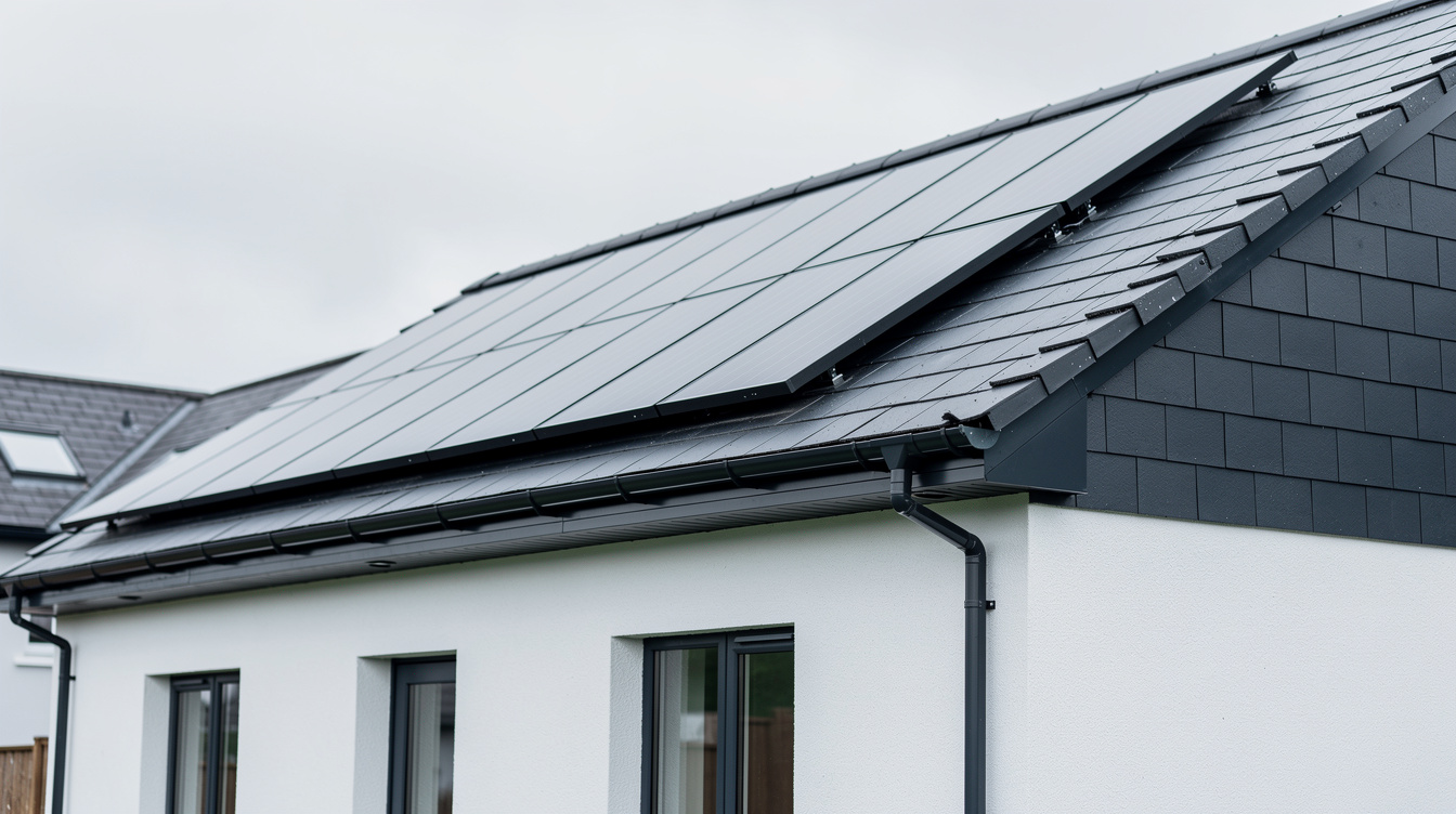 Close-up of a modern Irish home with a dark slate-effect integrated solar roof, panels flush with the roof line, white render walls below under overcast Irish daylight