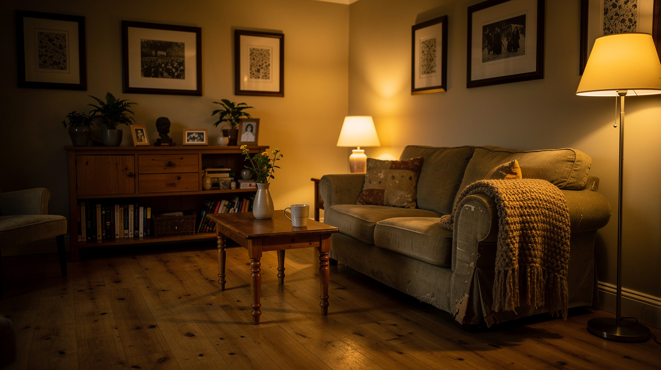 Warm Irish living room in the evening with lamp light
