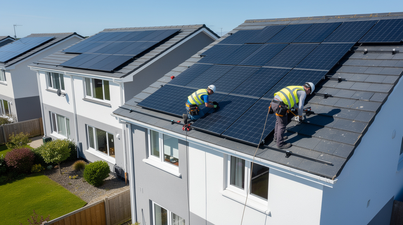 Two Irish installers mounting solar panels on a semi-detached rooftop