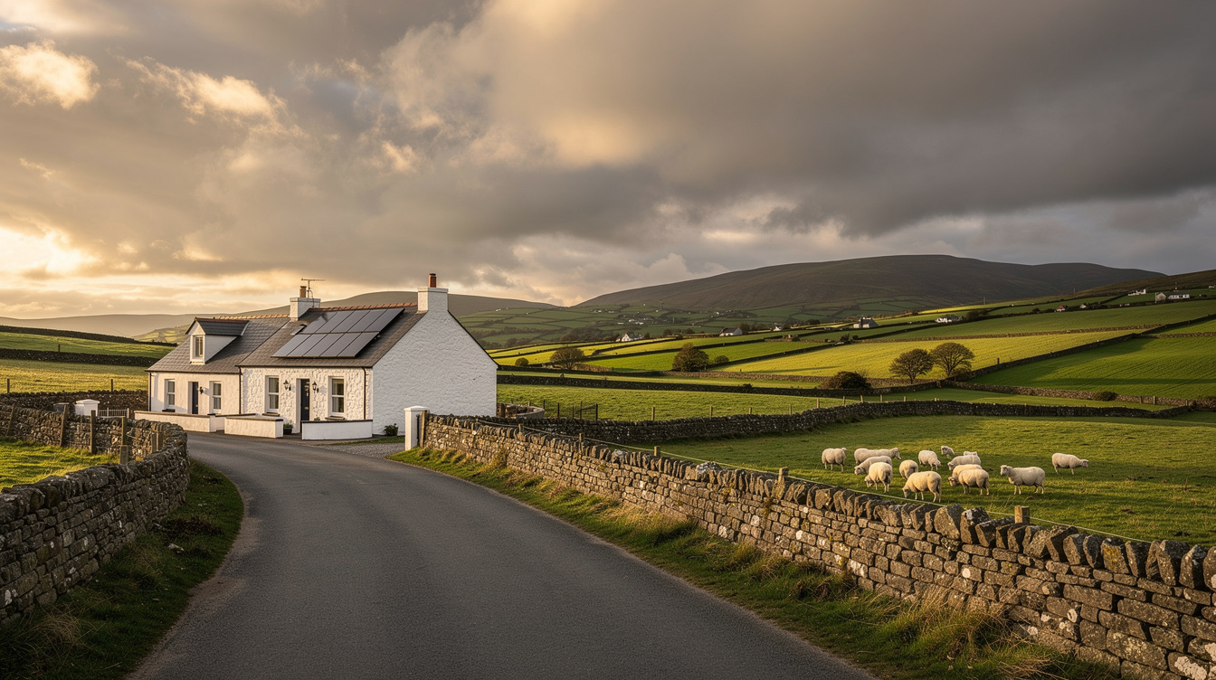 Whitewashed Irish cottage with solar panels on the roof beside a winding rural road, dry stone walls, grazing sheep and dramatic cloudy sky over rolling green hills