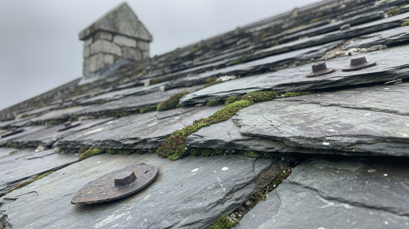 Close-up of weathered natural slate tiles on an old Irish roof with moss growing between the courses and a rusting cast iron nail head visible in the foreground